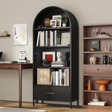 73" Tall Arched Bookcase with Drawer, Metal Arched Cabinet with 2 Adjustable Shelves, Open Display Shelf