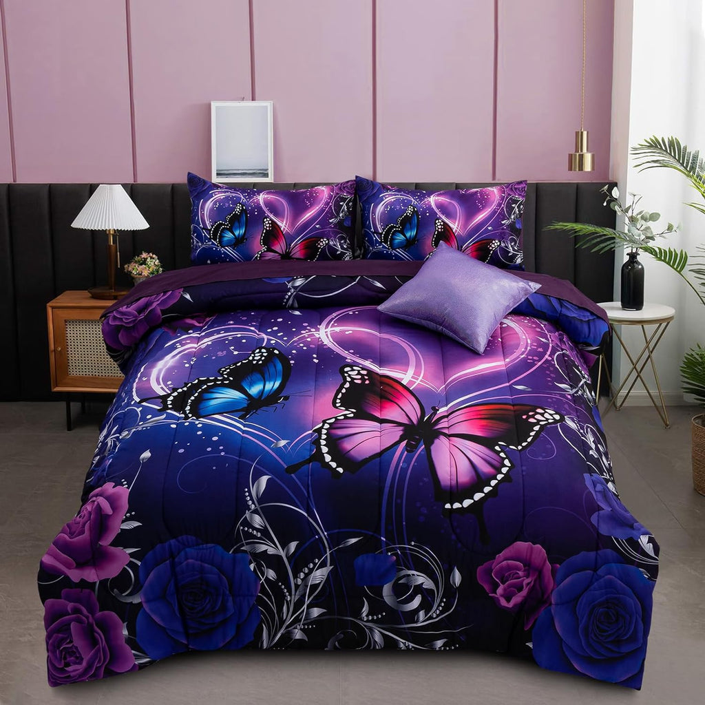 Galaxy 6pcs Bed in A Bag and Blue Dreamy 3D Butterfly Printed, Butterflies Bedding Twin Comforter Set, for Girls Kids