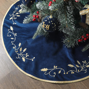 Christmas Tree Skirt, 36 inches Large Velvet Fur Plush Blue Tree Skirt, Xmas Tree Skirts with Gold Embroidered Holly