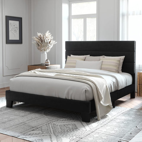 Queen Platform Bed Frame with Velvet Upholstered Headboard and Wooden Slats Support