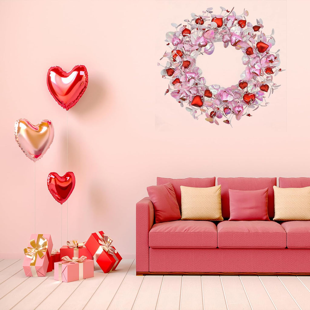 Valentine's Day Wreath for Front Door Valentine Wreath with Pink Eucalyptus Leaves,Pink and red Hearts Outdoor