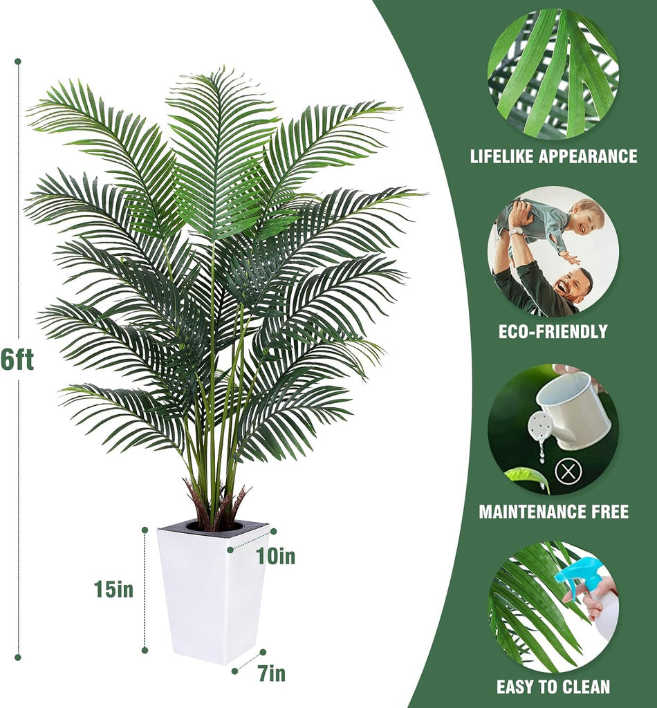 Artificial Palm Tree with White Tall Planter, 6ft Tall Potted Artificial Silk Palm Tree Plant, Fake Tropical Plant