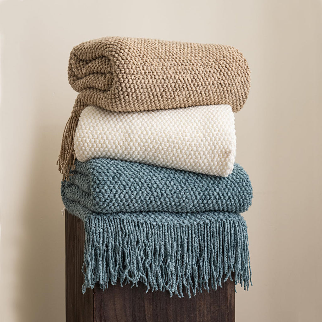 Textured Knit Throw Blanket with Tassel Fringe for Sofa Bed Couch