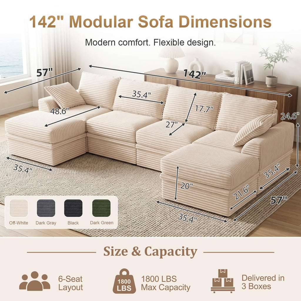 142" Upgraded Boneless Couch with Storage, Modular Sectional Couches, Oversized Deep Seat 6-Seat U Shaped Cloud Sofa
