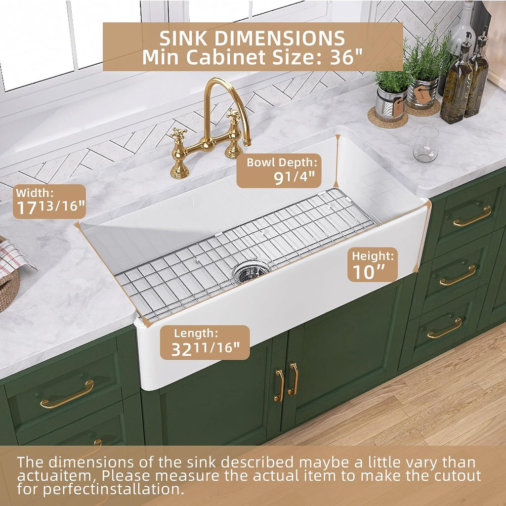 White Farmhouse Sink 33 inch Fireclay Apron Front Farm House Kitchen Sink Single Bowl Deep Drop In Undermount