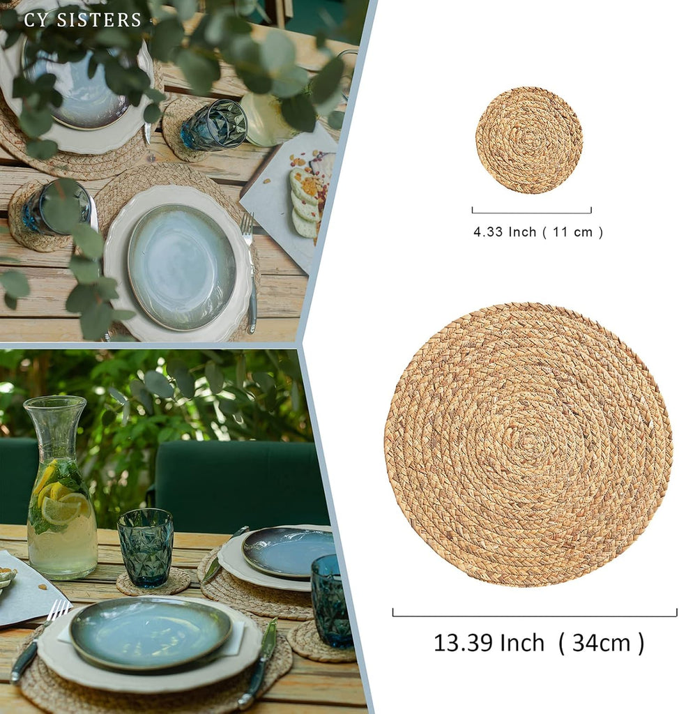 Woven Placemats Round Placemats, 13.5 Inch Wicker Placemat Circle Rattan Placemats Farmhouse Boho Braided - Set of 6