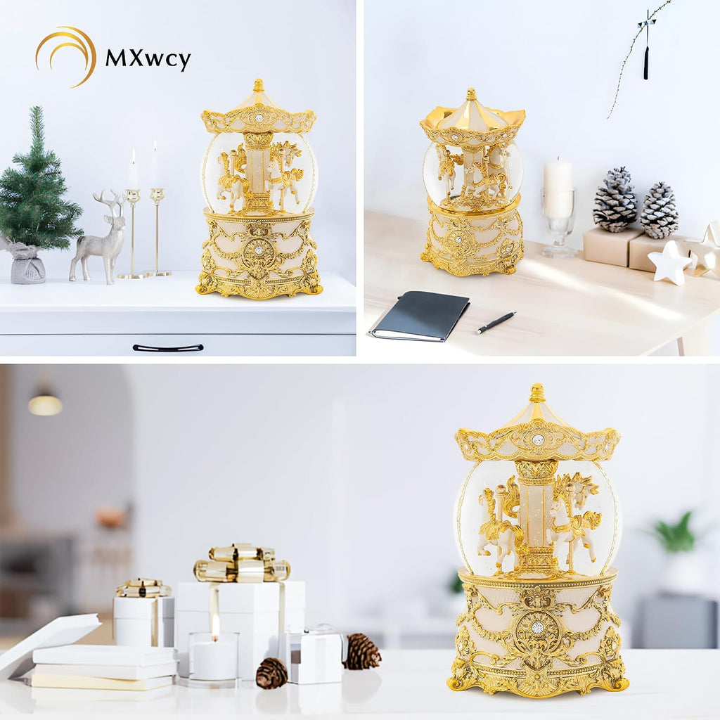 Carousel Music Box Gold & Ivory Christmas Snow Globes, 8.3" Rotate Carousel Snow Globe for Kids & Adults, Classic