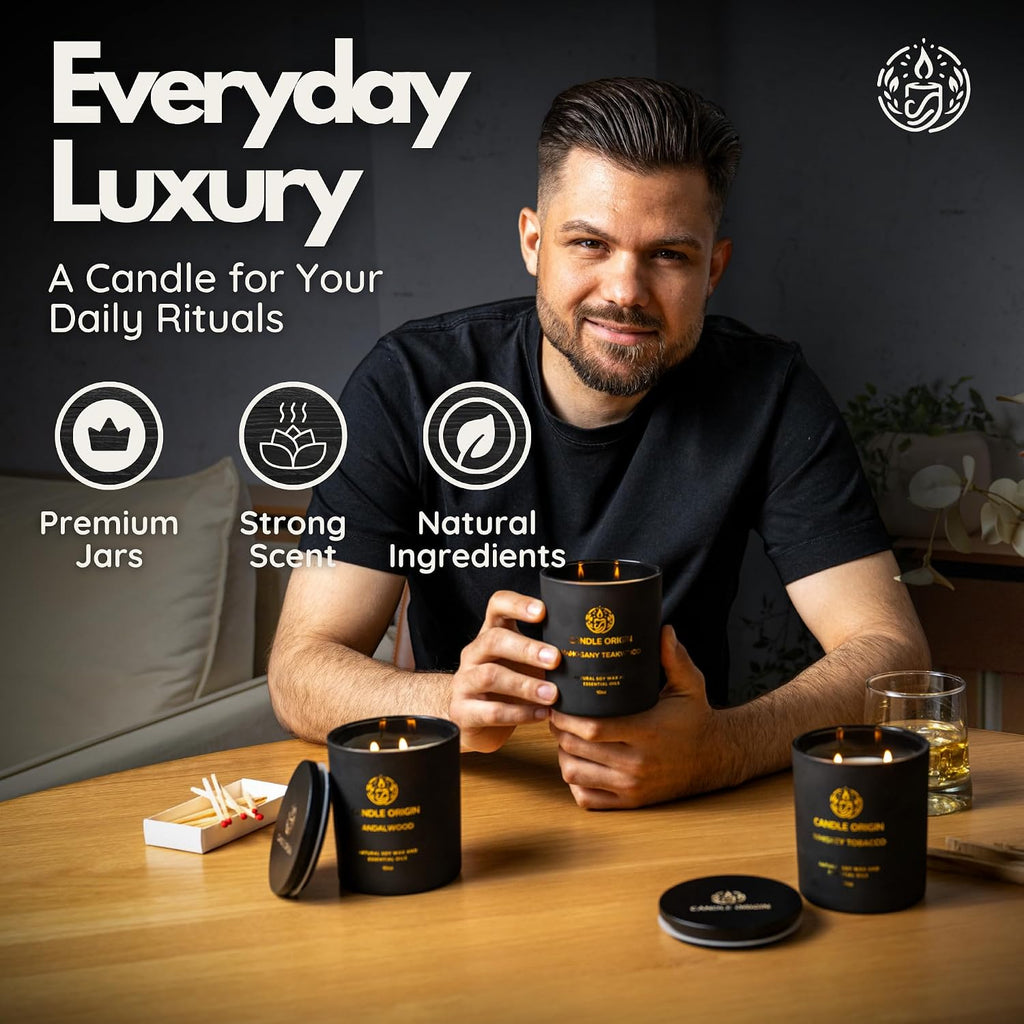 Luxury Candles for Men Gift Set (3×10oz) Masculine Scented Candles | Mahogany Teakwood, Whiskey Tobacco, Sandalwood