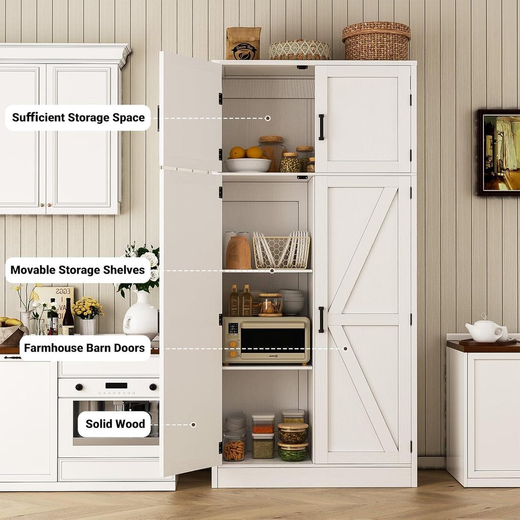 71" Tall Kitchen Pantry Storage Cabinet with Adjustable Shelves | Large Farmhouse Storage Cupboard, Barn Doors