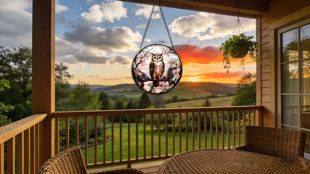 Stained Glass Window Hanging - The Owl is on The Branch of The Pine Tree 6.3 Inches Suncatcher for Garden Home Decor