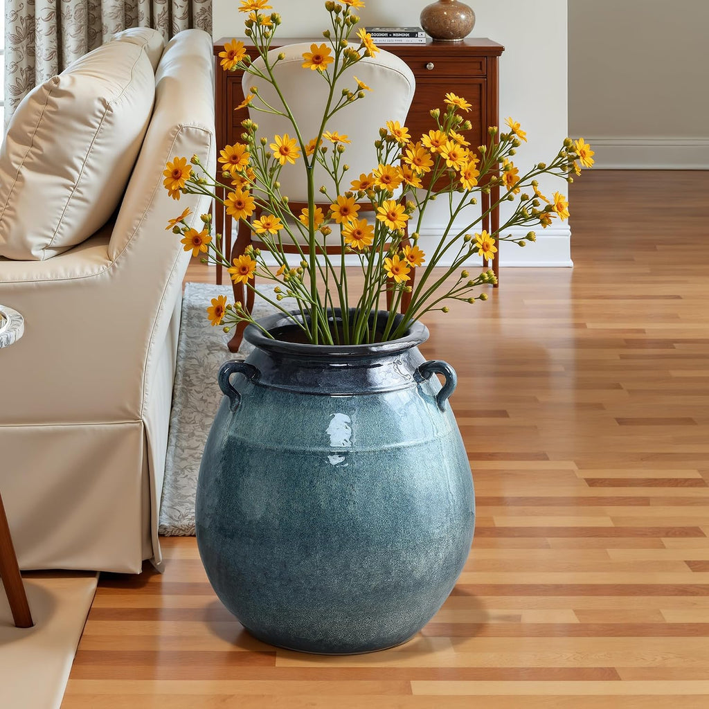 LuxenHome Large Rustic Floor Vase, 17.5'' Tall Ocean Blue Round Ceramic Vases for centerpieces, Farmhouse Flower Vase