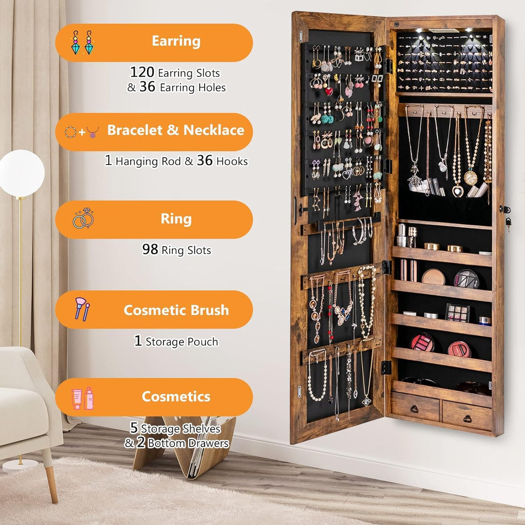 Wall Door Jewelry Armoire, 47.5" H Full Length Mirrored Jewelry Cabinet with 2 LED Lights and 2 Drawers, Lockable