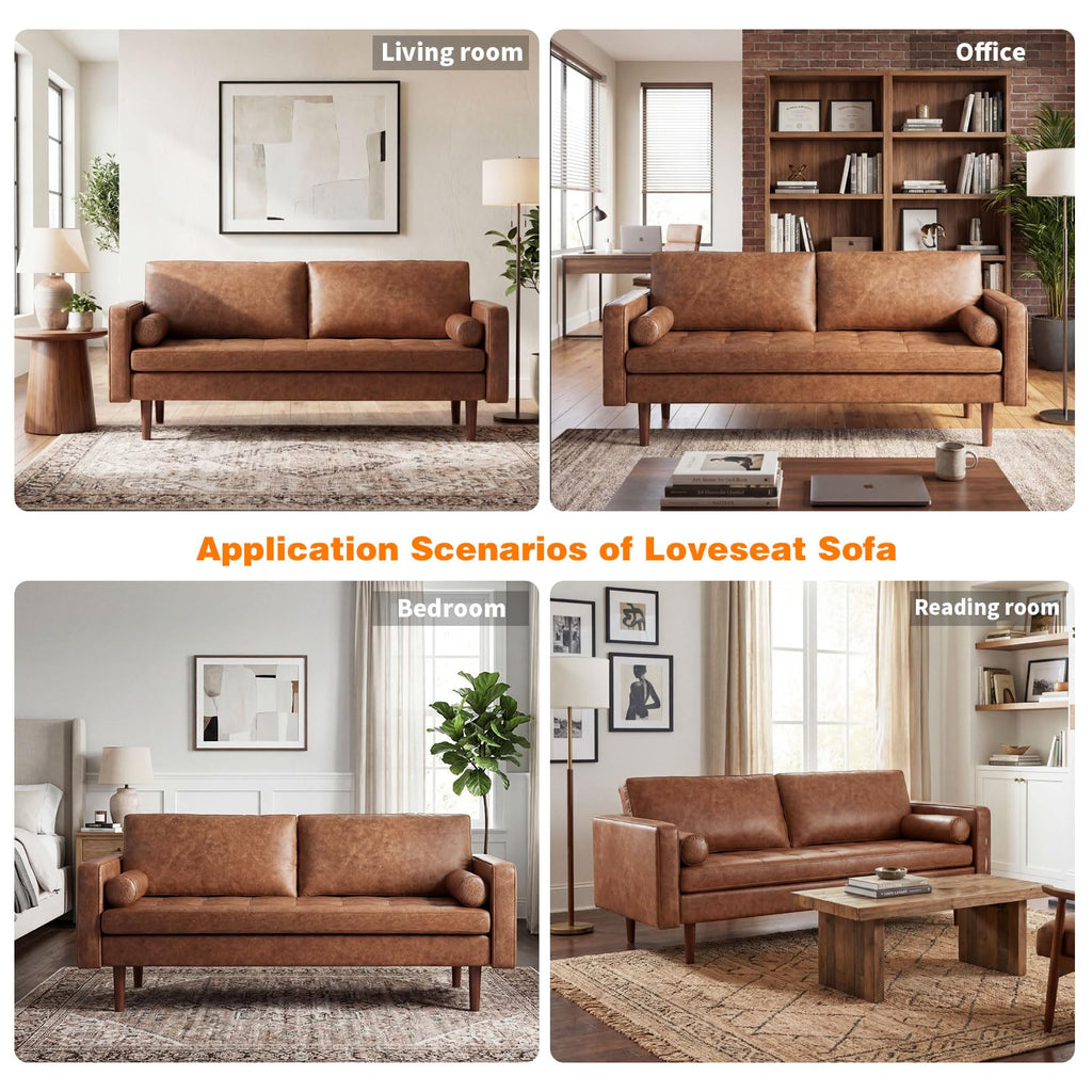 Faux Leather Couch, 70" Mid-Century Modern Sofa, Brown