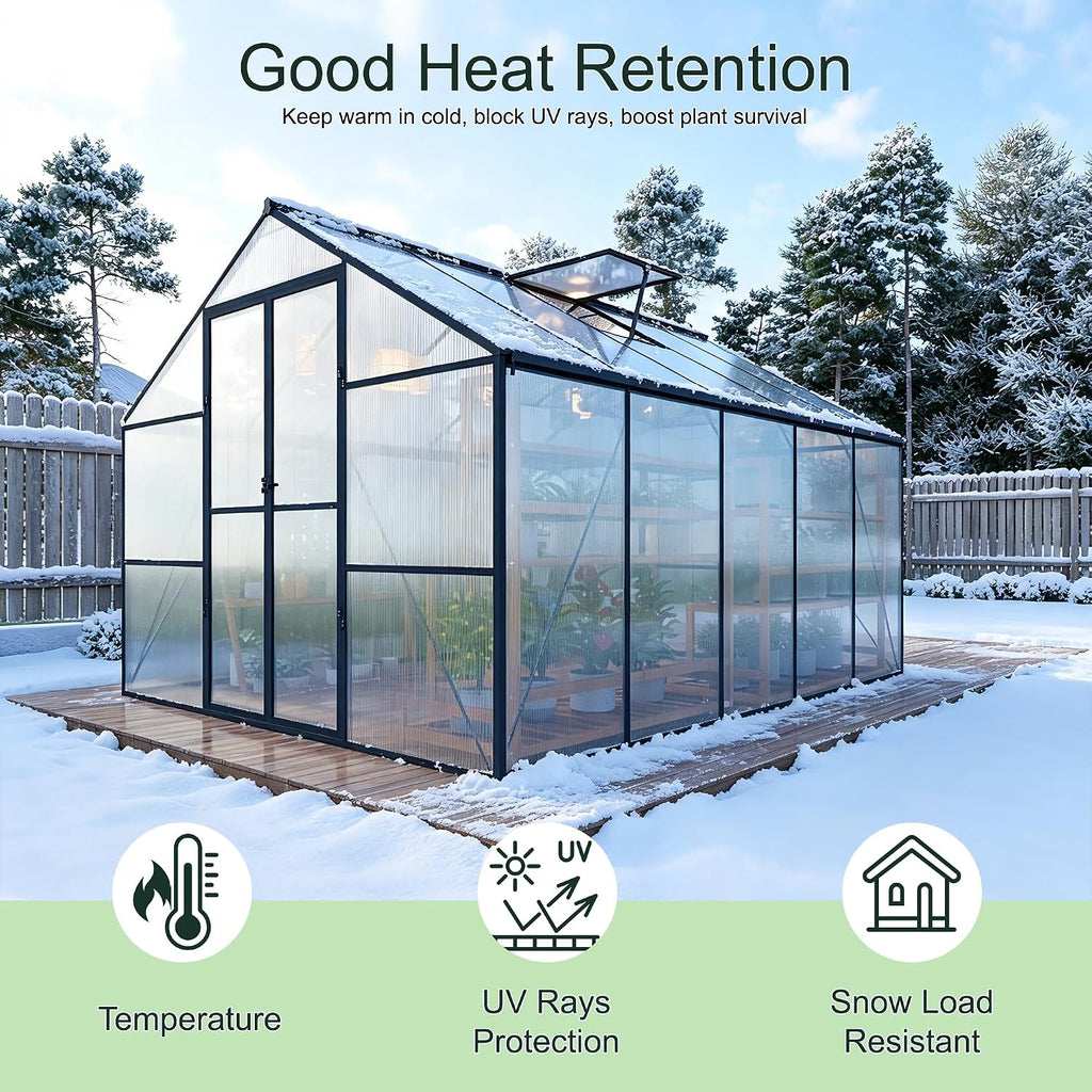 8X10 FT Walk-in Greenhouse, Heavy Duty Large Greenhouses for Outdoors | Aluminium Frame Polycarbonate Garden