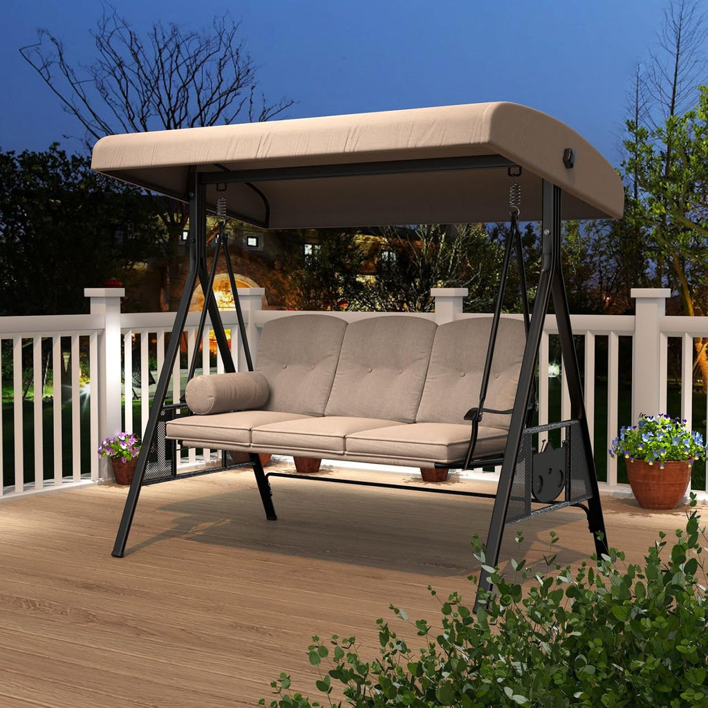 Outdoor Porch Swing, 3-Seat Porch Swing with Adjustable Canopy, Outdoor Swings for Adult with Beige Removable