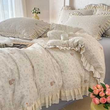 Cute Bunny Duvet Cover Set Muslin Cotton Queen(90"x90"), Rabbit/Flower