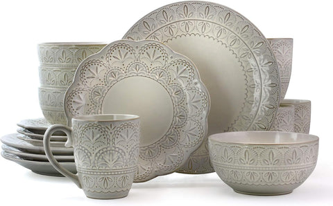 White Lace 16 Piece Round Scallop Stoneware Dinnerware Set in White