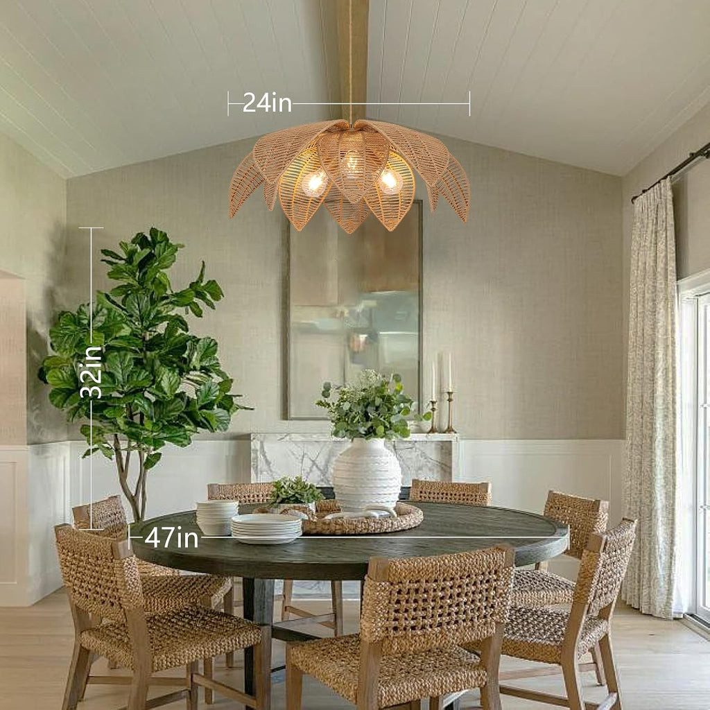 Farmhouse Chandeliers for Dining Room, 3-Light Rattan Boho Chandelier Light Fixture Hand Woven Wicker Pendant Light