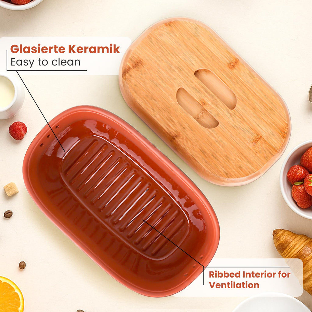 Terracotta Bread Saver Box with Gift Box, Internal 9.8"x5.1"x3.9" Small Bread Bin with Natural Bamboo Lid,Food-Safe