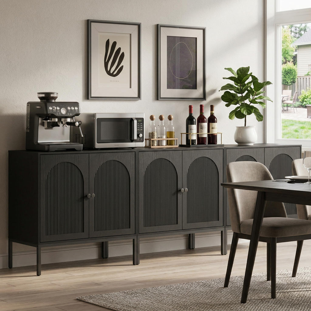 Fluted Sideboard Buffet Cabinet with Storage, Set of 3, Black