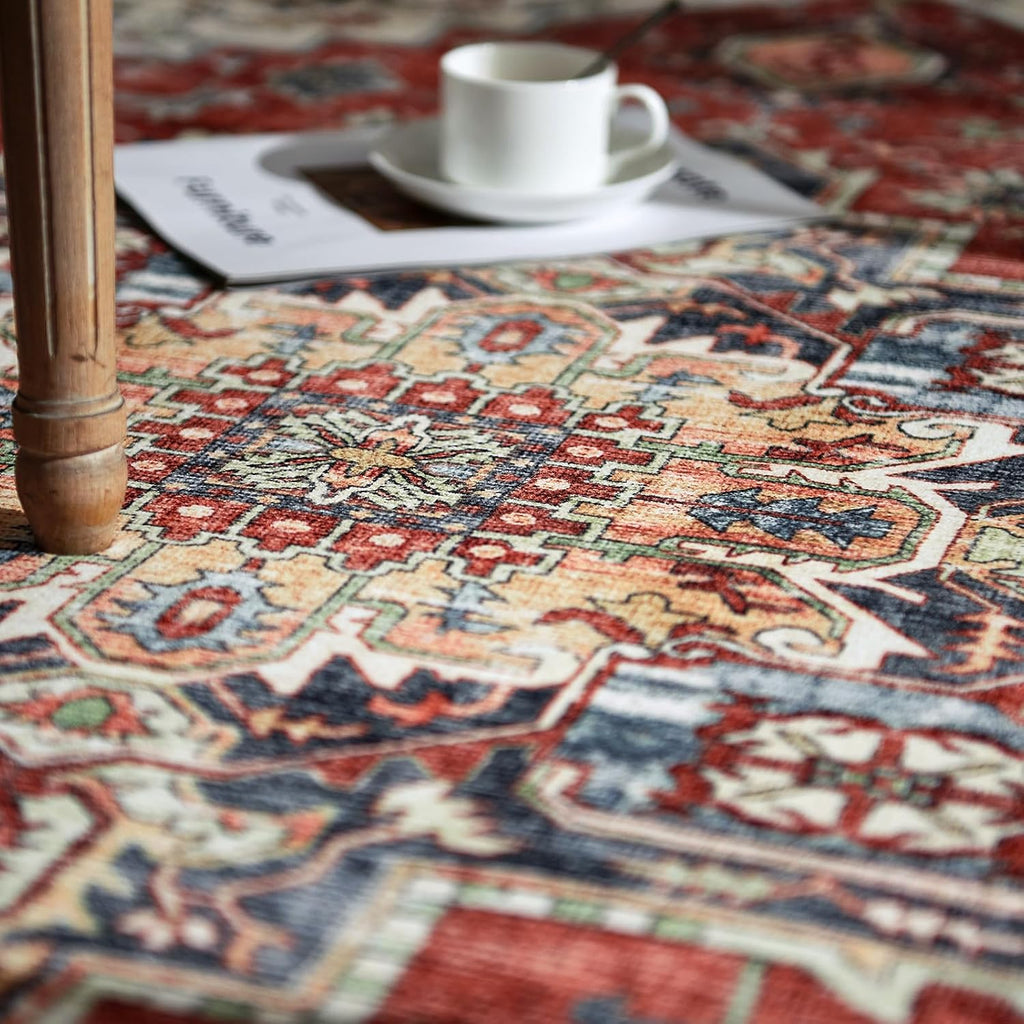 Washable Living Room Rug, Vintage Oriental Medallion, Terra Red
