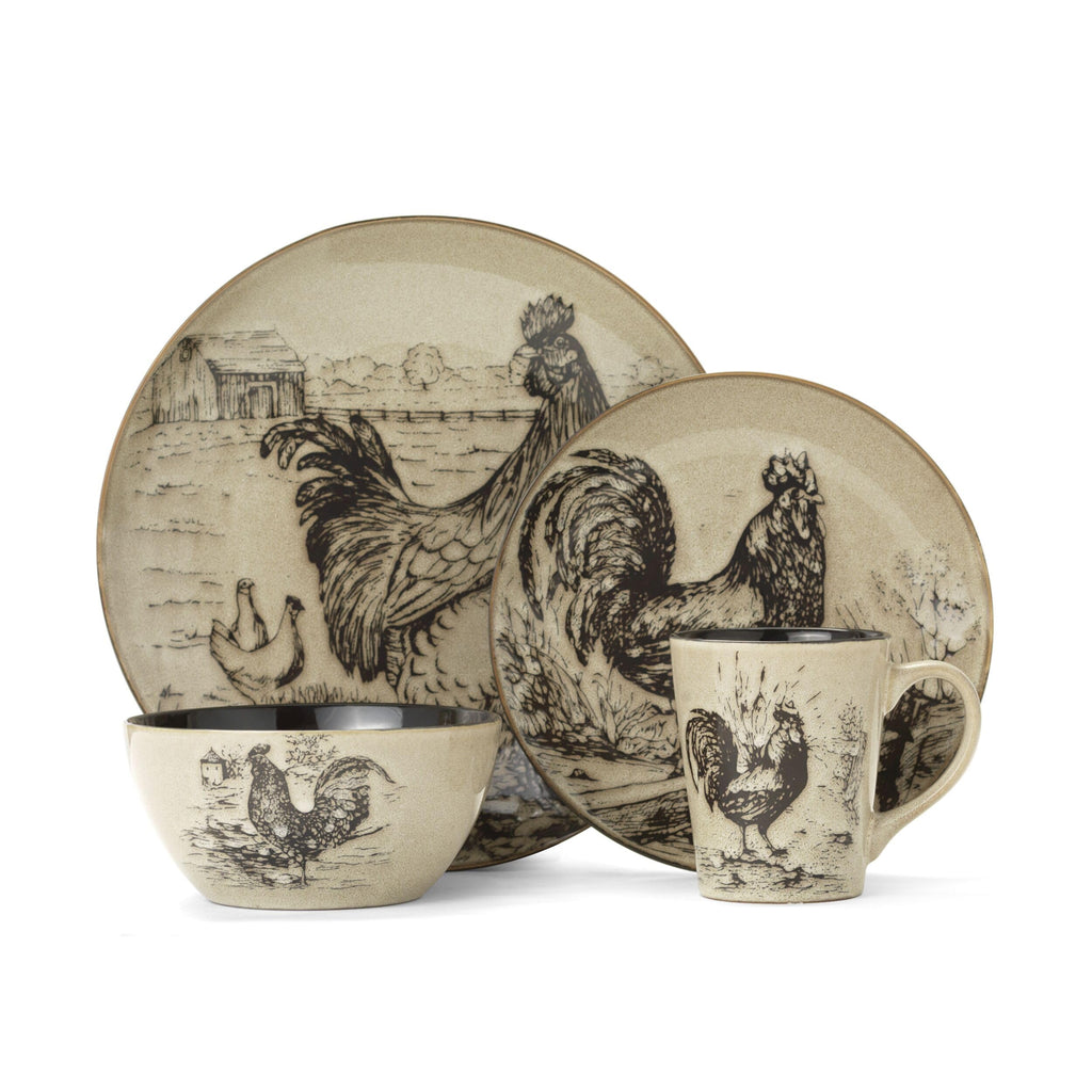 Homespun Rooster 16-Piece Dinnerware Set, Service for 4 Brown
