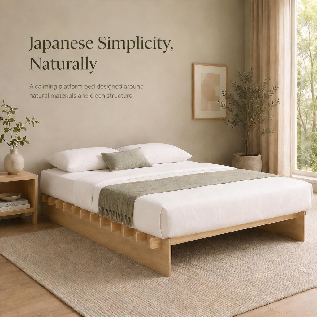 Queen Size Wood Platform Bed Frame, Japanese Tool-Free Joinery
