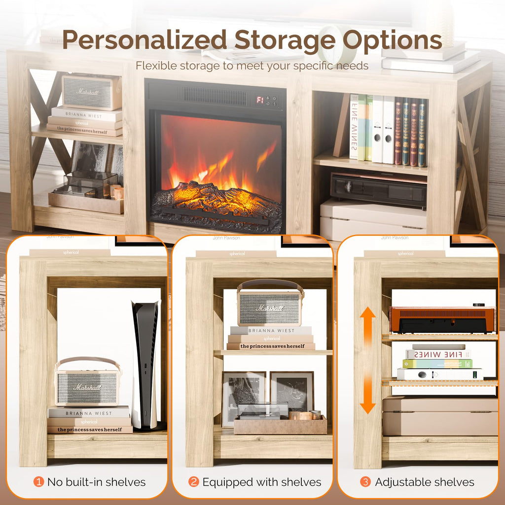 For up to 70 inch TVs, Farmhouse Entertainment Center with Electric Fireplace Heater & Adjustable Shelves, Fireplace