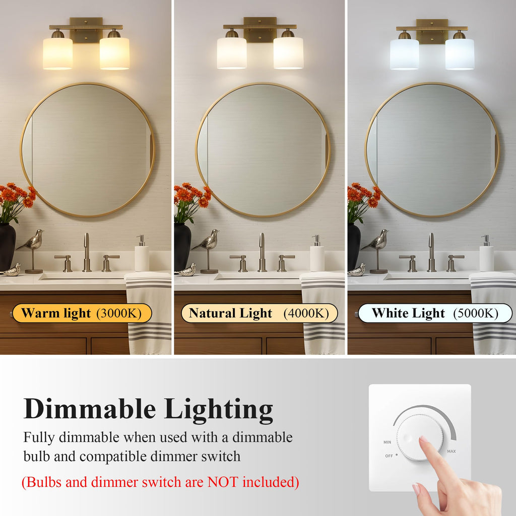 Milk Glass Vanity Lights, 2 Light Antique Matte Brass Bathroom Vanity Light Fixtures Over Mirror, Ceramic E26