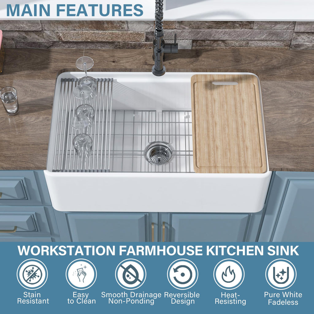 33" x 20" Apron Front Farmhouse Workstation Kitchen Sink White