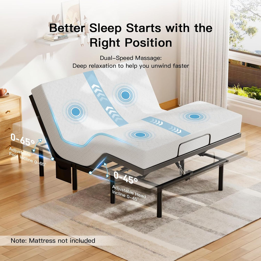 Full Adjustable Bed Frame with Massage, Electric Bed Base with Head & Foot Incline, USB-A & USB-C Ports, LED