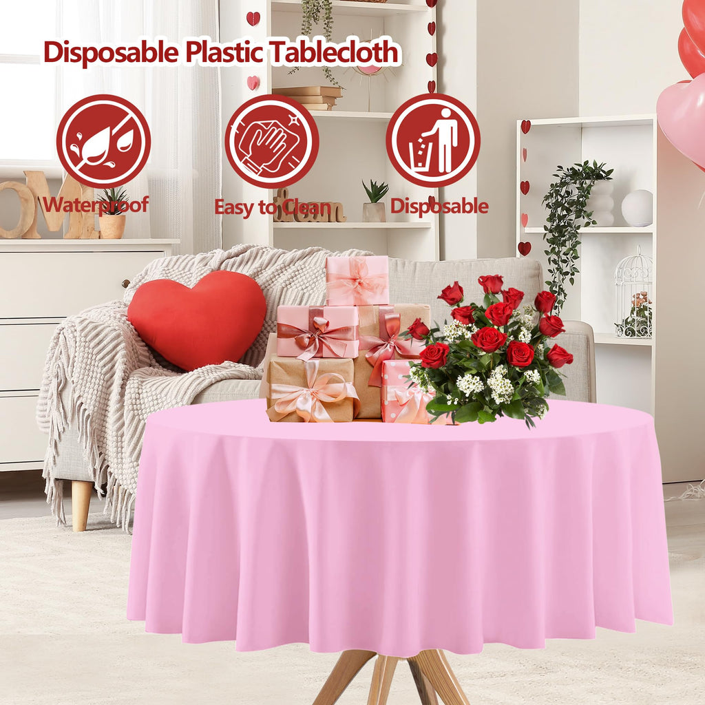 12 Pcs Round Red Pink Plastic Tablecloths, 84 Inch