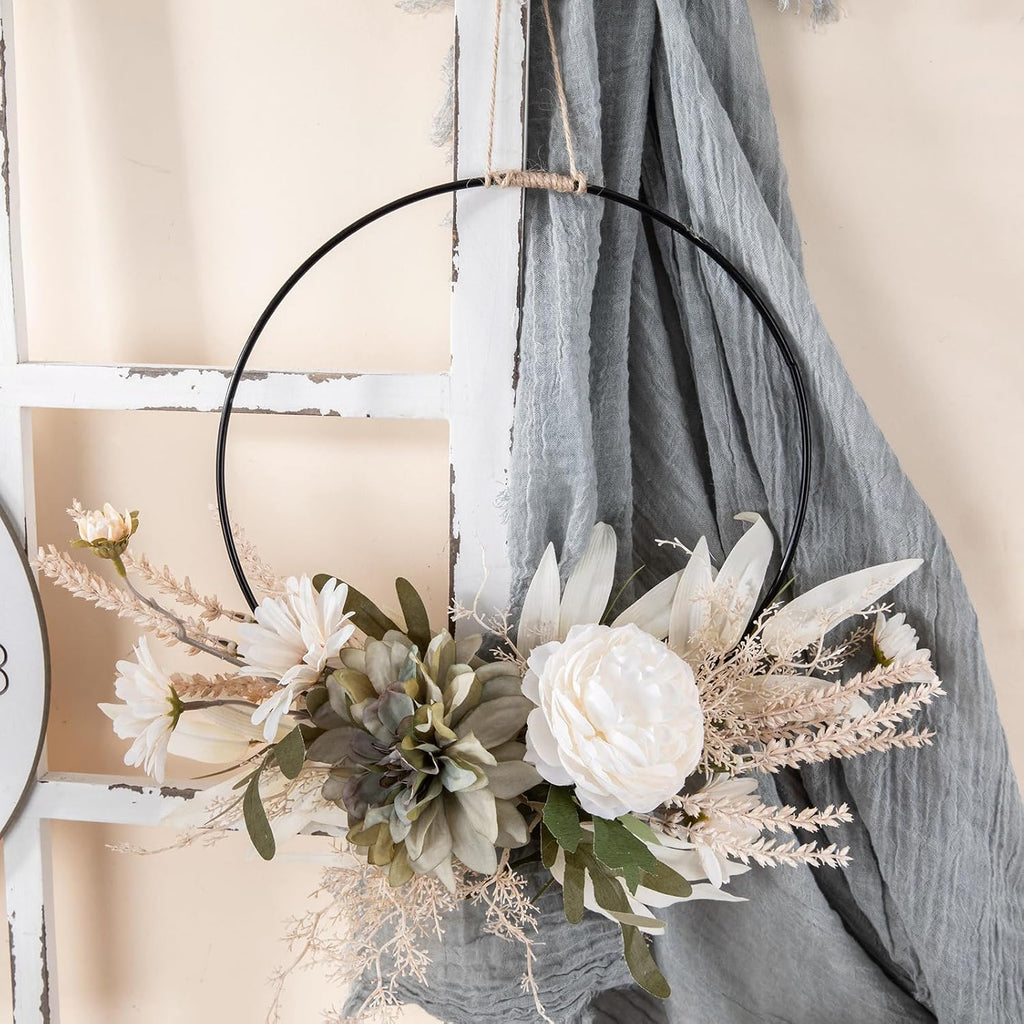 Artificial Floral Wreath for Front Door Floral Hoop Wreath Decor with White Flowers Green Leaves Garland Spring Wall