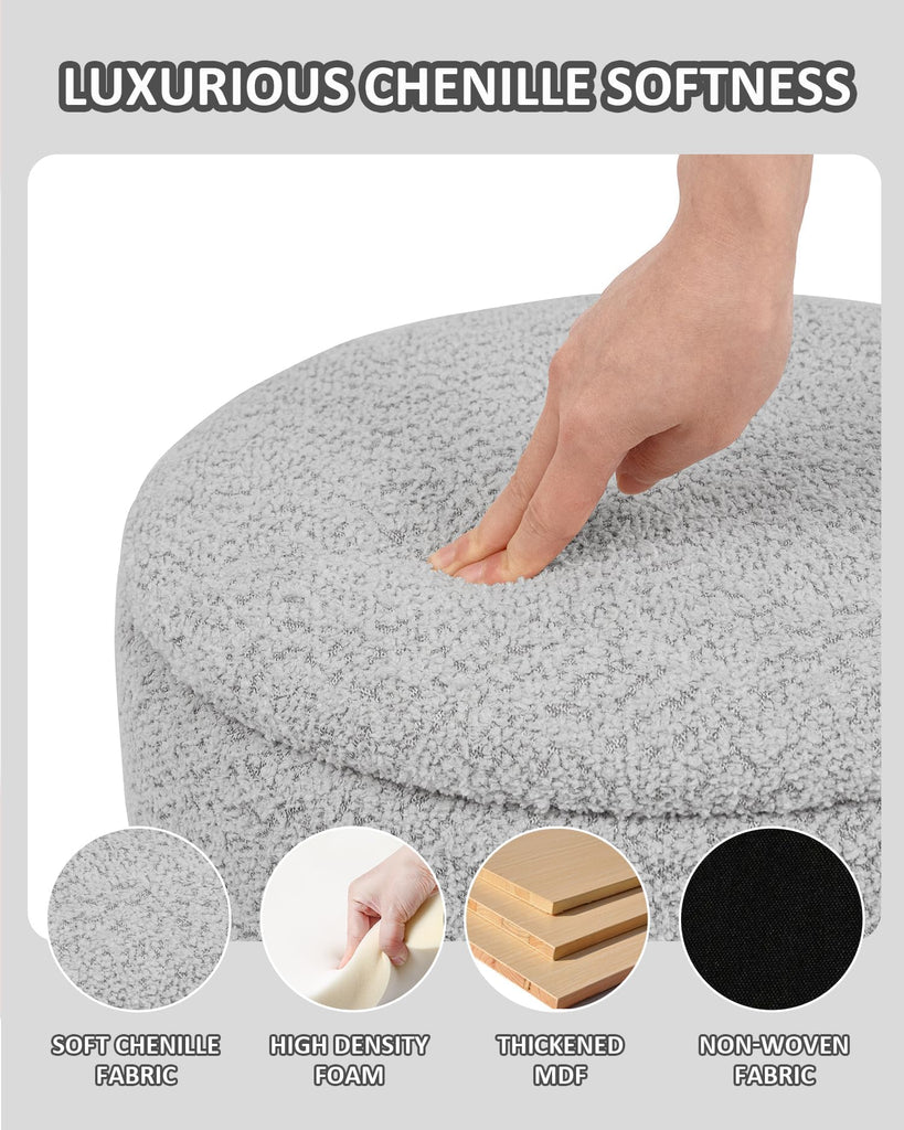 Folding Storage Ottoman, Silver Grey Chenille Round