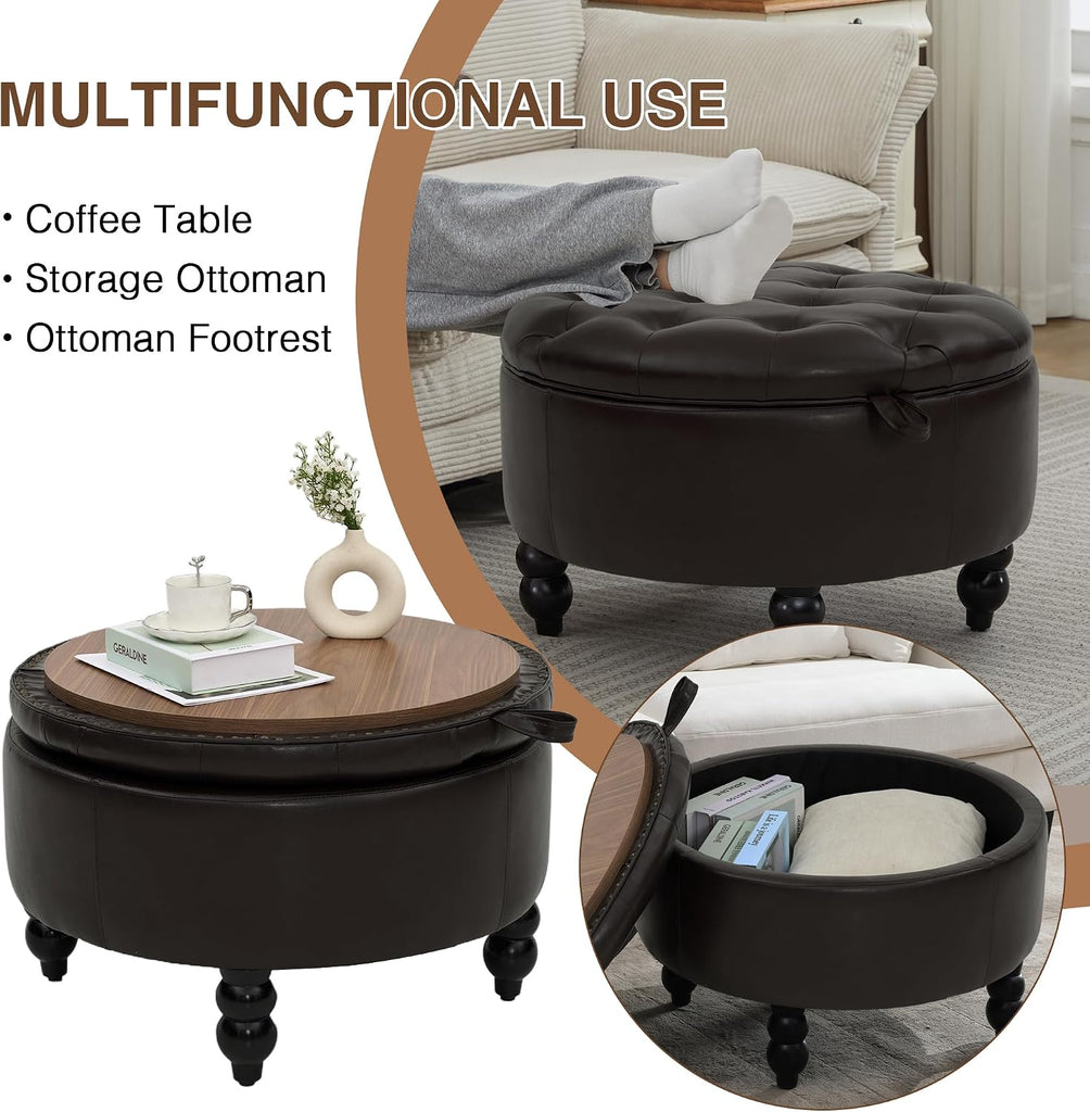 30 Inch PU Leather Round Storage Ottoman with Tray, Modern Upholstered Tufted Coffee Table with Storage, Large