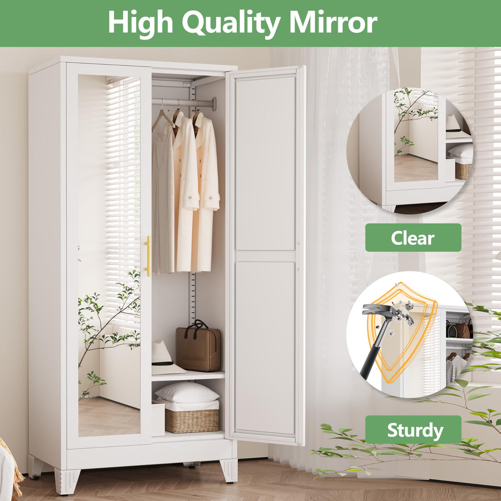 71" H Metal Armoire Wardrobe Closet with Mirror, Adjustable Shelve, Clothes Drying Pole, Steel Wardrobe Cabinet