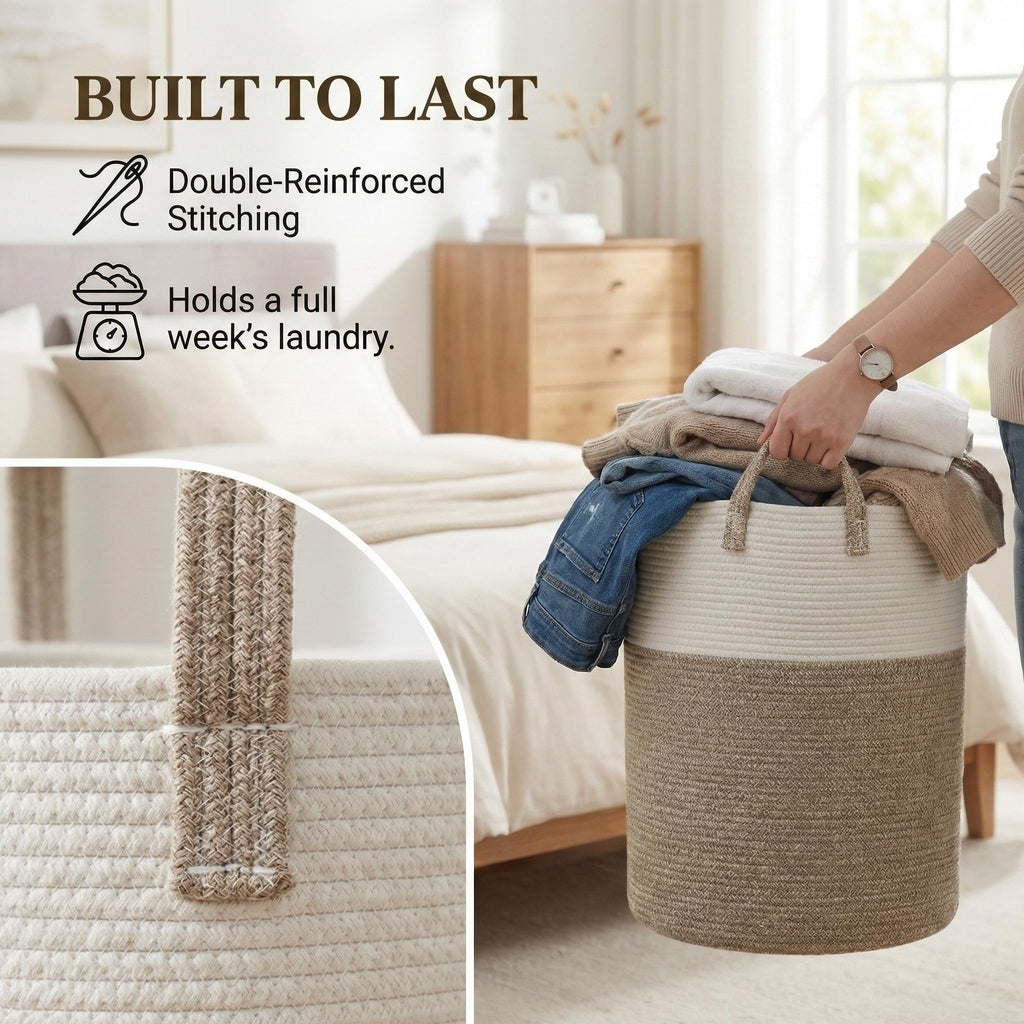 80L Cotton Rope Laundry Basket Hamper, Brown