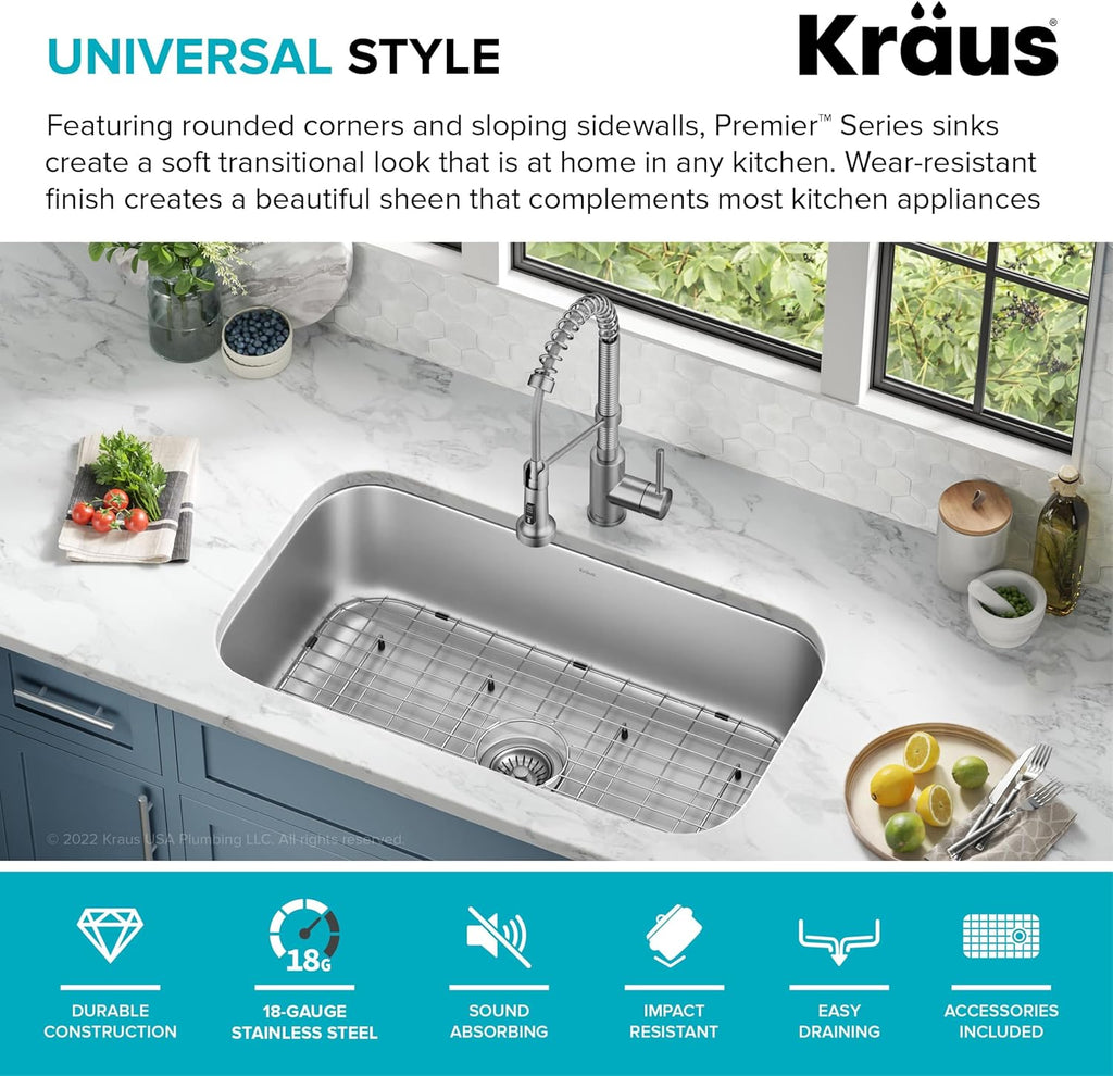 Stainless Steel 32 in 18 Gauge Undermount Kitchen Sink KBU44 | 18-gauge T304 stainless steel, rear-set drain, rounded