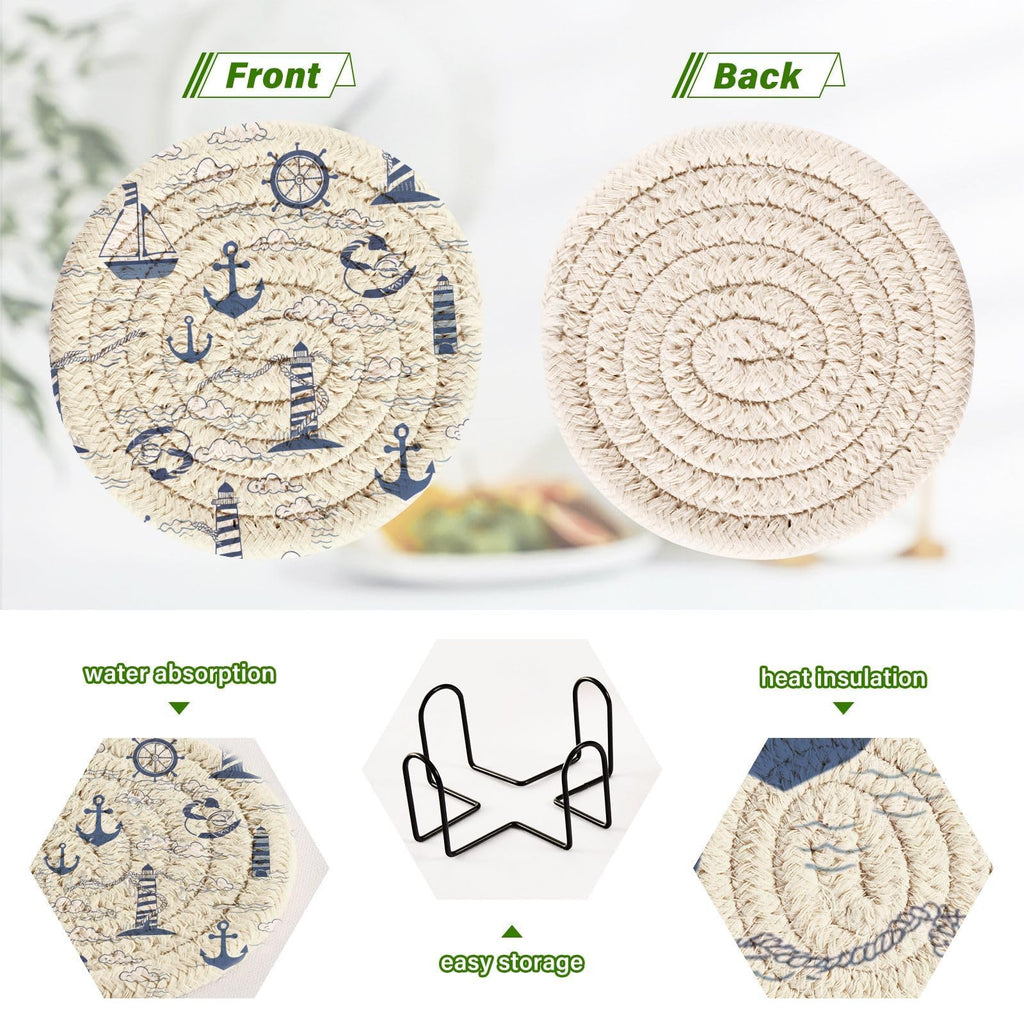 Nautical Lighthouses Drink Coasters Set - 6 Pcs Minimalist Woven Coasters with Holder Decor, 3.94 Inch Absorbent