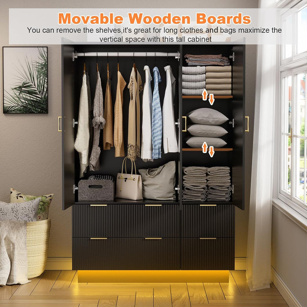 Large Wardrobe Closet, 3 Door Armoire Closet | Mirror and LED Lights, Hanging Rod, Drawers, Armoires and Wardrobes