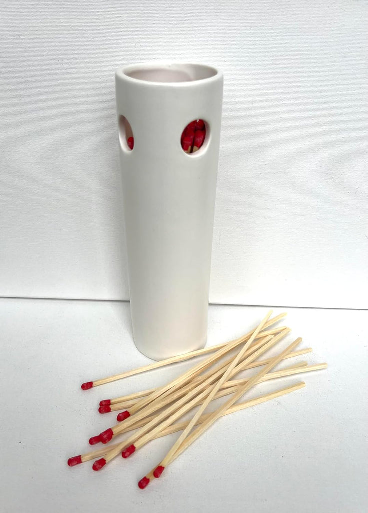 White Ceramic Fireplace Match Holder with Striker Pad, 50 8" Red Tip Matches. Reusable, Refillable. Decorative - Set of 50