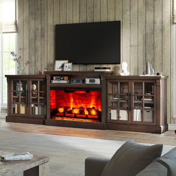 97" Farmhouse TV Stand with 33" Fireplace, Rustic Brown