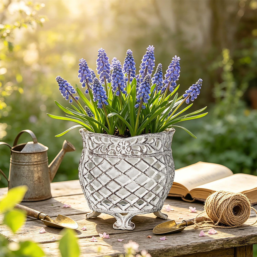 Vintage Cast Iron Urn Planter with Non-Woven Bag, Vintage White