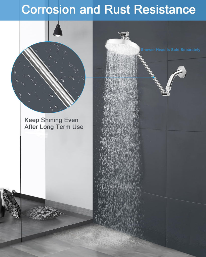 11 Inch Adjustable Shower Head Extension Arm With Locking Set Screw, 304 Stainless Steel Chrome Angle Height