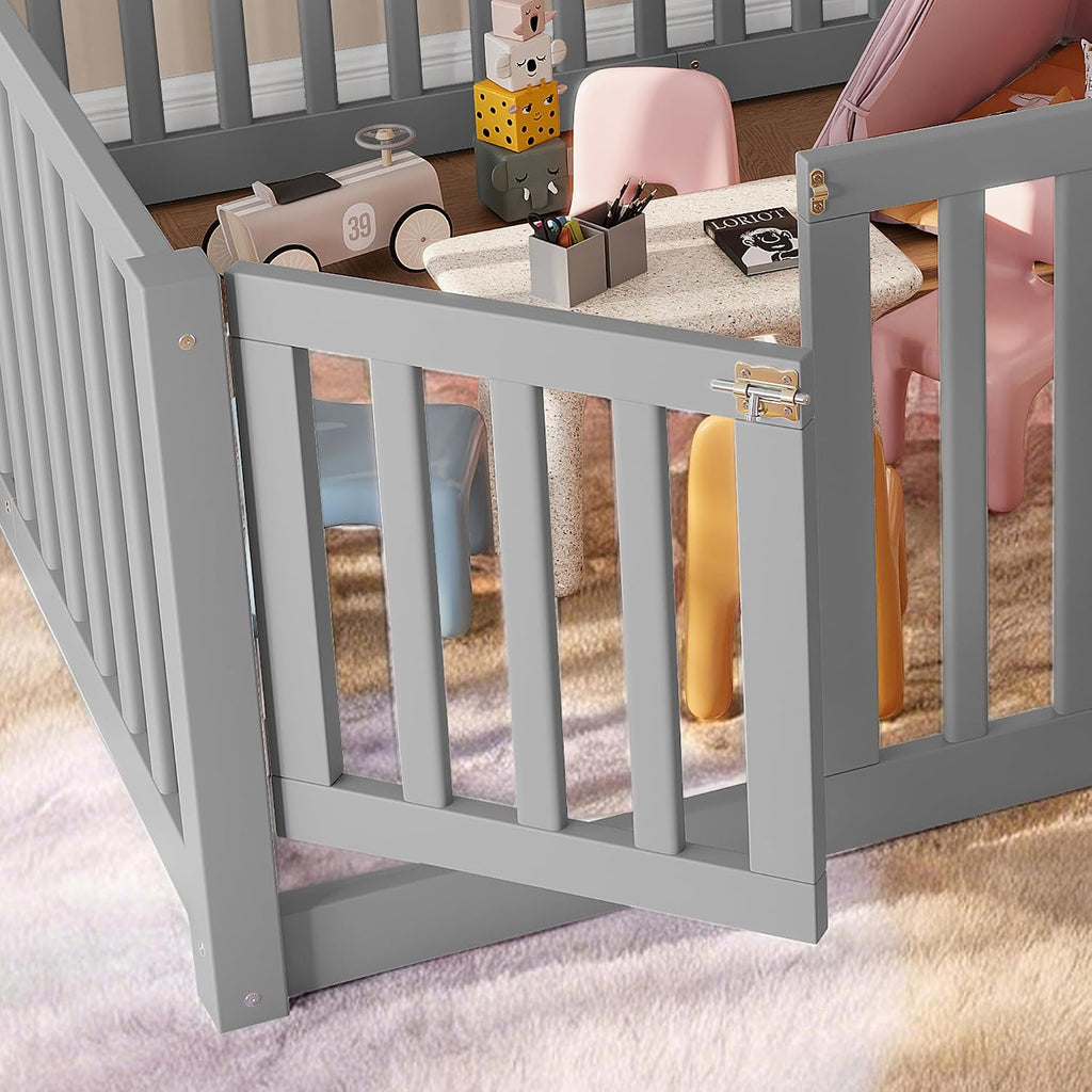 Full Size Kids Montessori Floor Bed with Door,Solid Wood Floor Bed Frame with High Fence for Girls,Boys,Gray