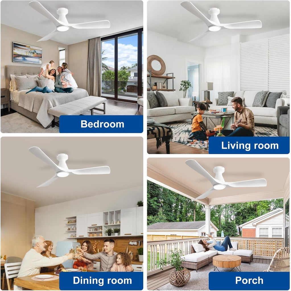 52-Inch Ceiling Fans with Lights: White 3 Blade Flush Mount Low Profile Ceiling Fan - Dimmable Indoor Outdoor Fan