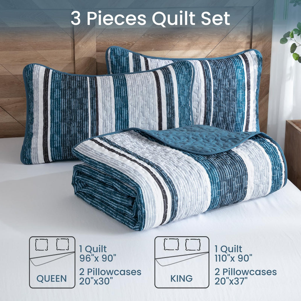Quilt Set, Boho Striped Bedspread Coverlet Set, Navy Blue
