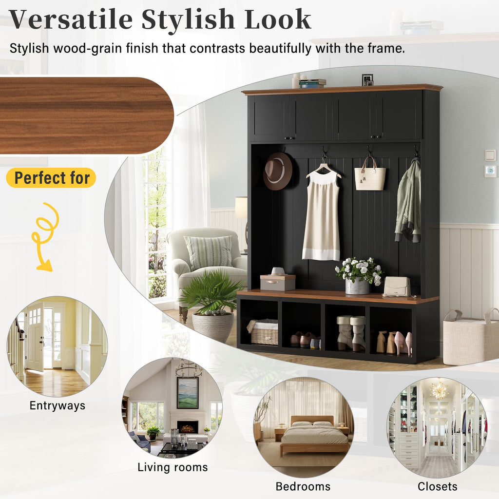 Wood Rustic 59''W Hall Tree Entryway Bench with 4 Hooks and Cabinets, Farmhouse Mudroom Versatile Coat Racks with