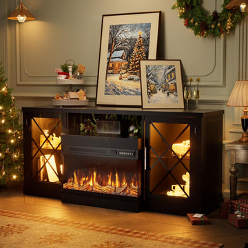 59" Fireplace TV Stand, 3 Sided Glass Fireplace Entertainment Center for TVs up to 70'' w/Storage Cabinet, Glass