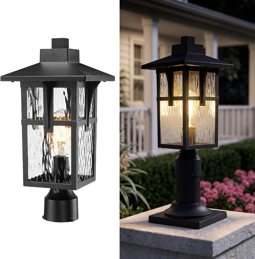 Dusk to Dawn Post Lamp, HWH Exterior Pillar Post Light for Yard Garden, Pole Light Fixture with Water Ripple Glass